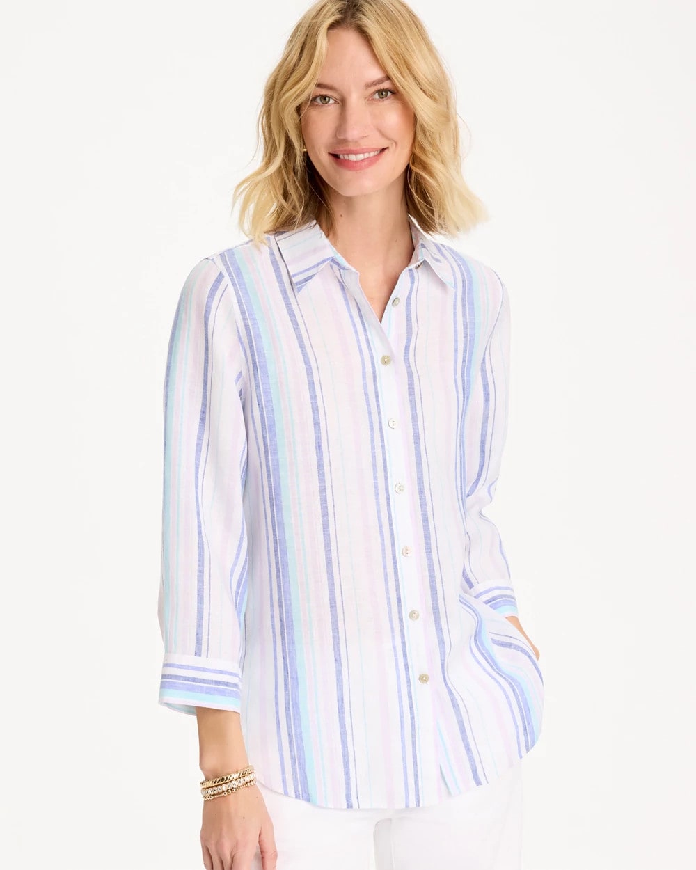 No Iron™ Linen Striped Shirt Amparo Blue - Chico's