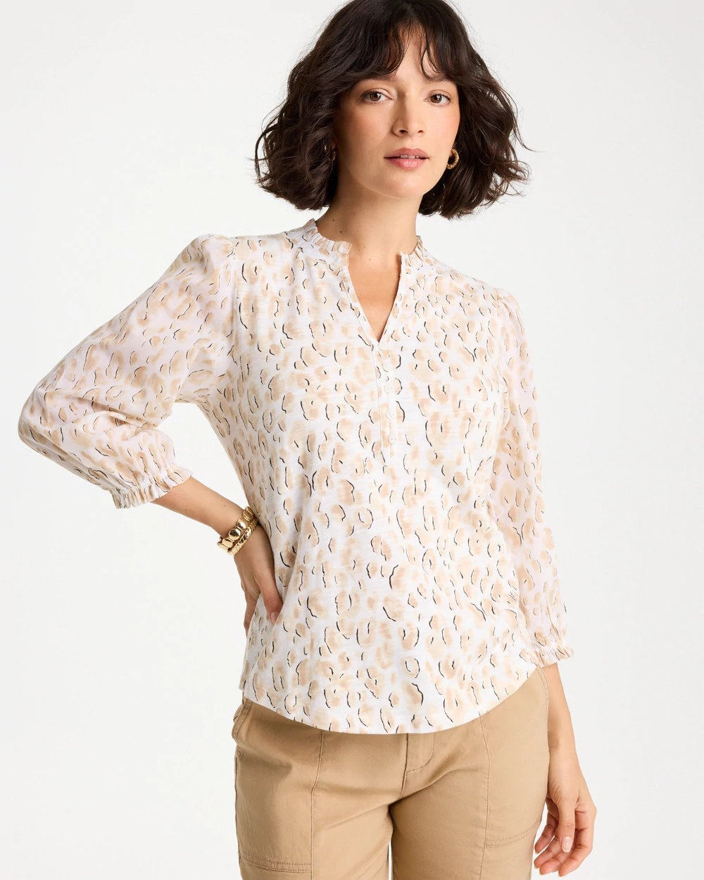 Animal Print Ruffled V-Neck Top Mocha Mousse - Chico's