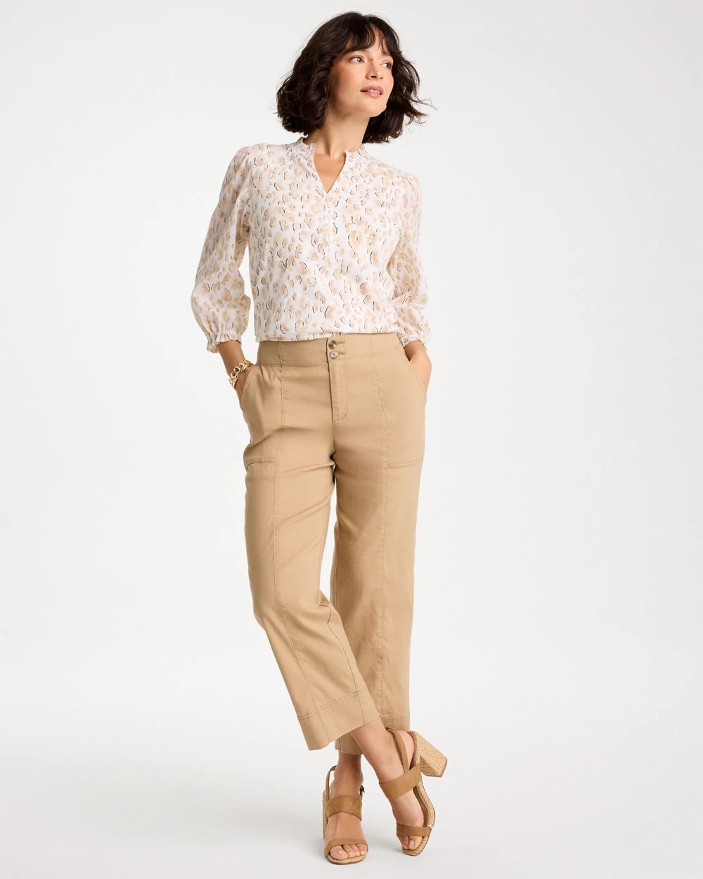 Animal Print Ruffled V-Neck Top Mocha Mousse - Chico's