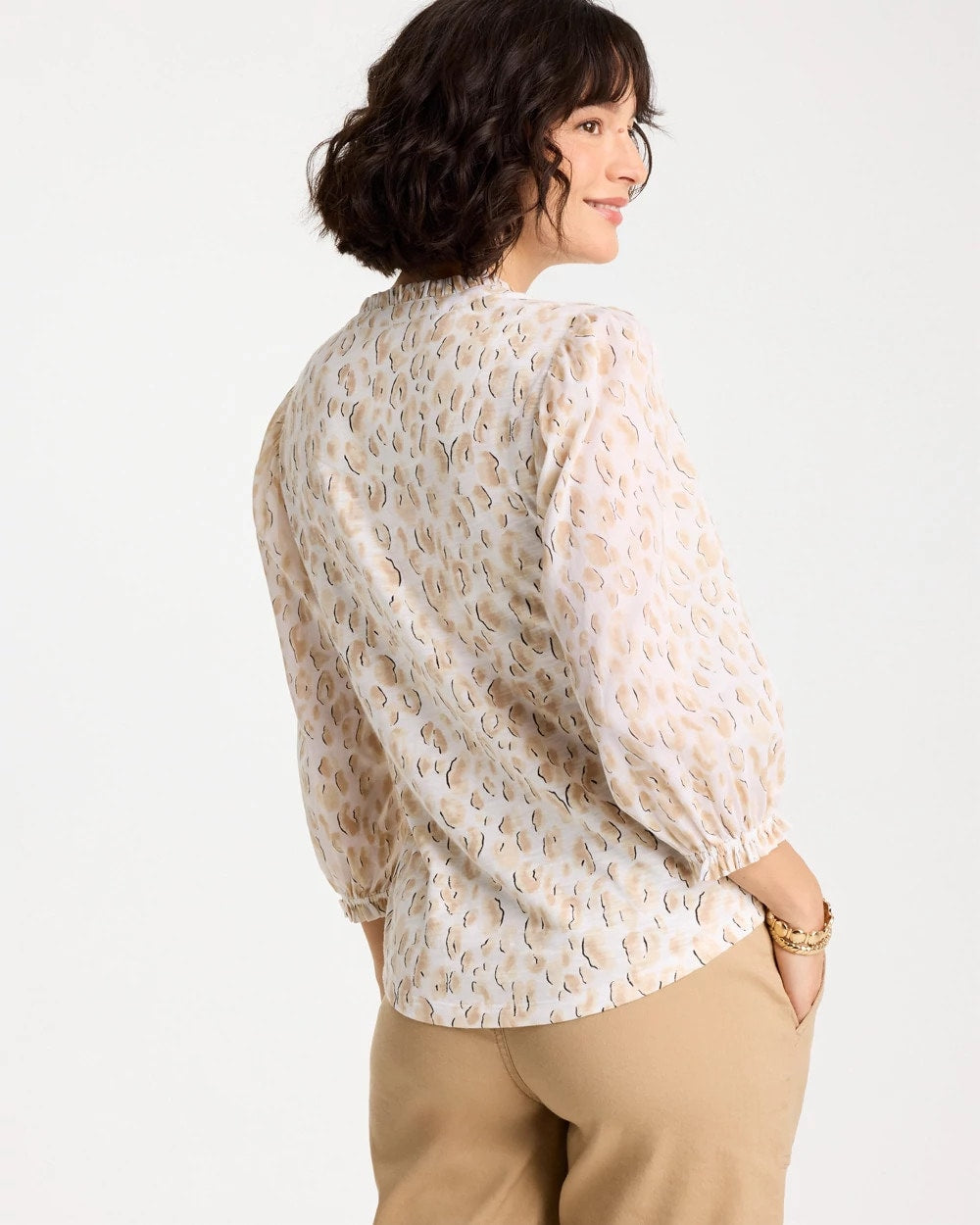 Animal Print Ruffled V-Neck Top Mocha Mousse - Chico's