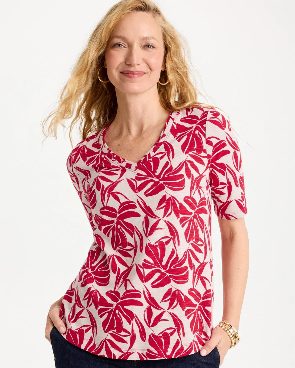 Printed Cotton Slub V-Neck Tee Cherry Lush - Chico's