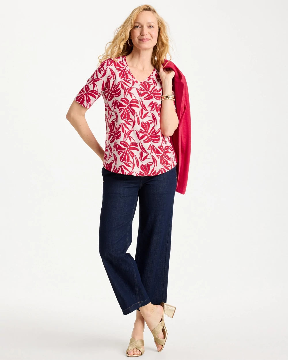 Printed Cotton Slub V-Neck Tee Cherry Lush - Chico's