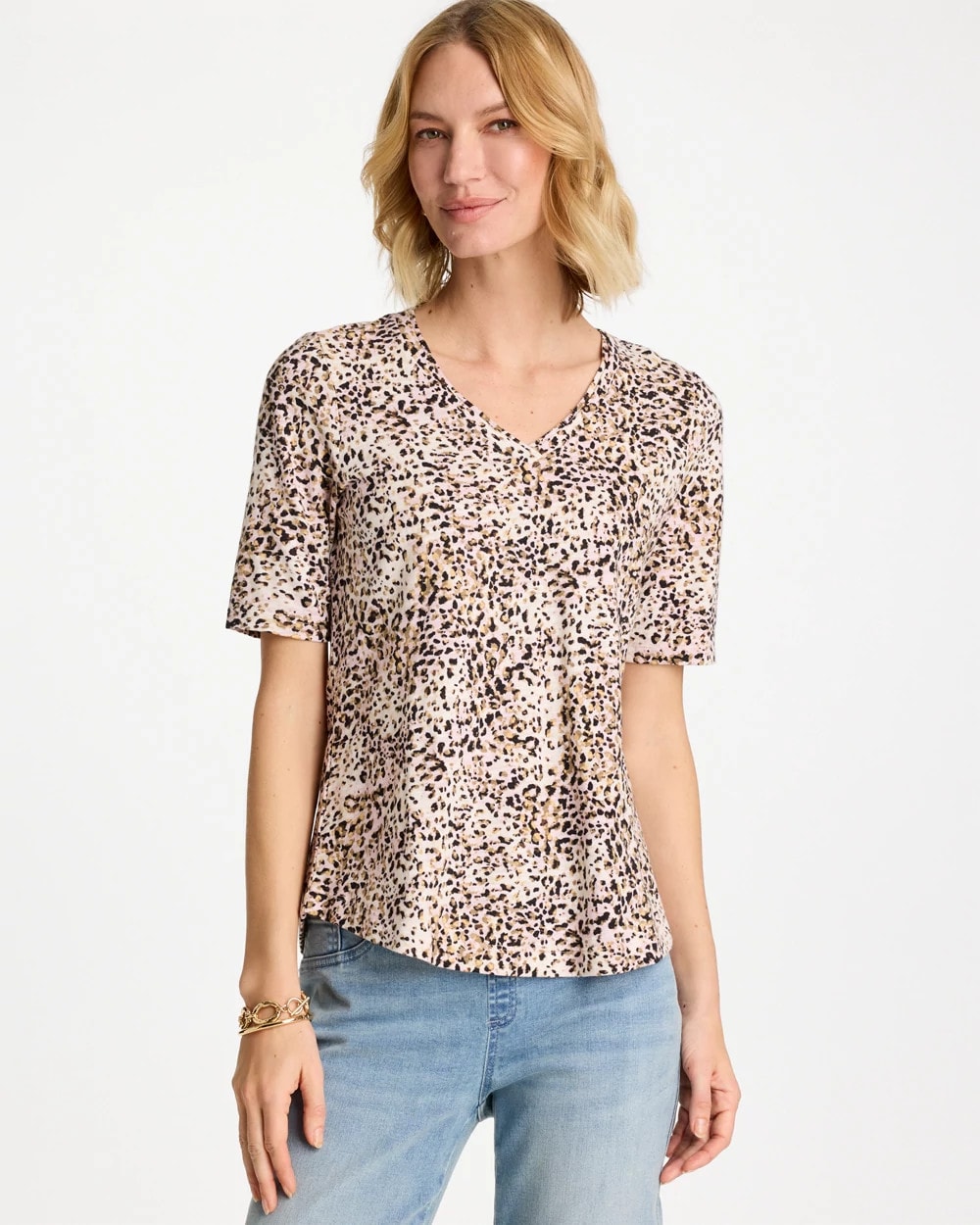 Printed Cotton Slub V-Neck Tee Cattail Brown - Chico's
