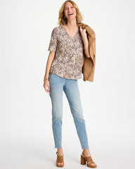 Printed Cotton Slub V-Neck Tee Cattail Brown - Chico's