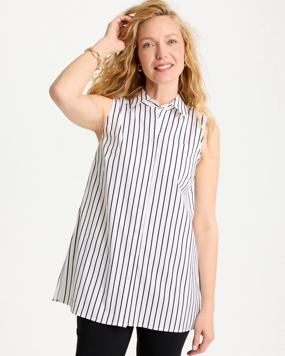 Poplin Cotton Collared Striped Tunic Black - Chico's