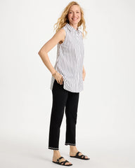 Poplin Cotton Collared Striped Tunic Black - Chico's