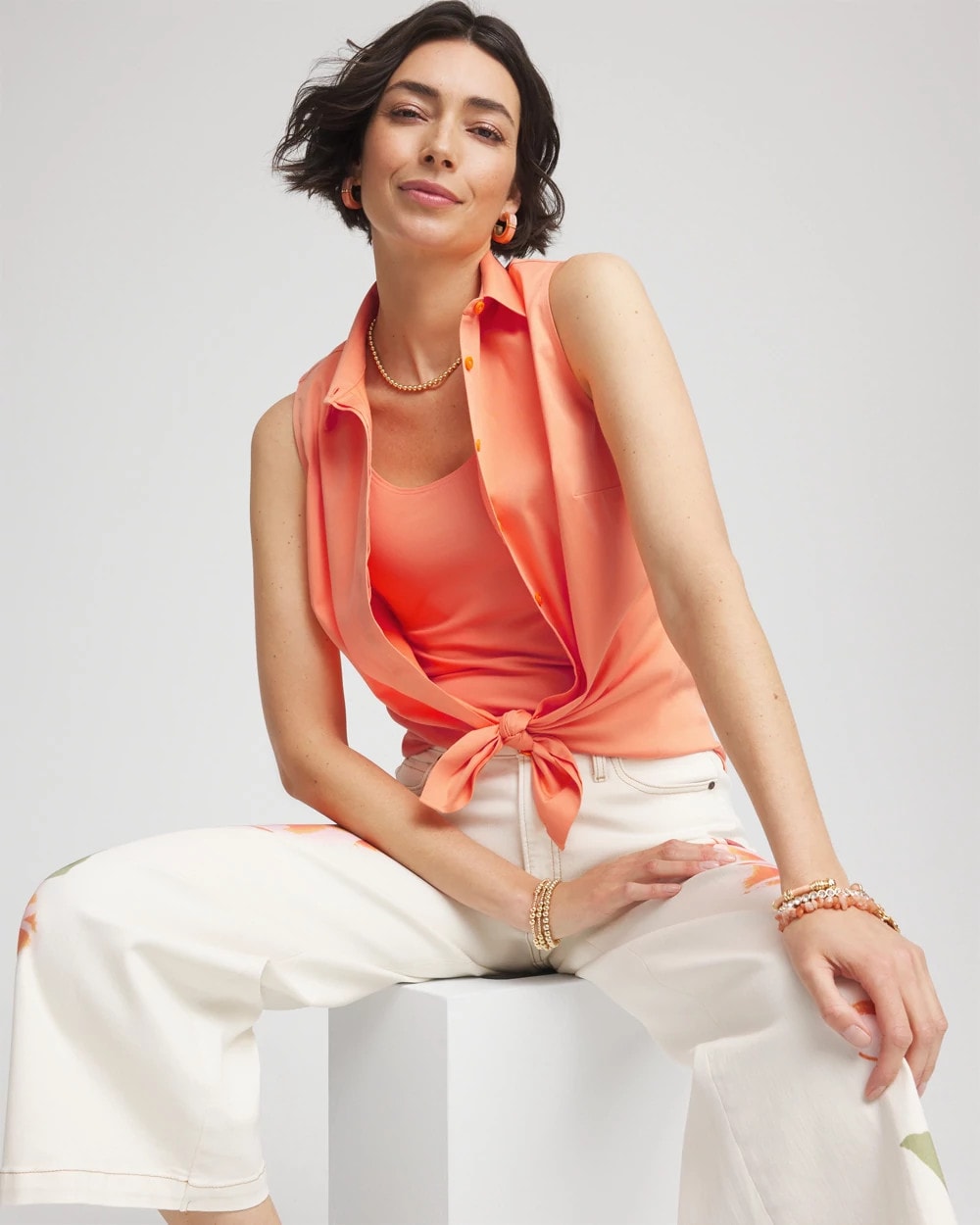 No Iron™ Sleeveless Sateen-Stretch Shirt Sunset Peach - Chico's