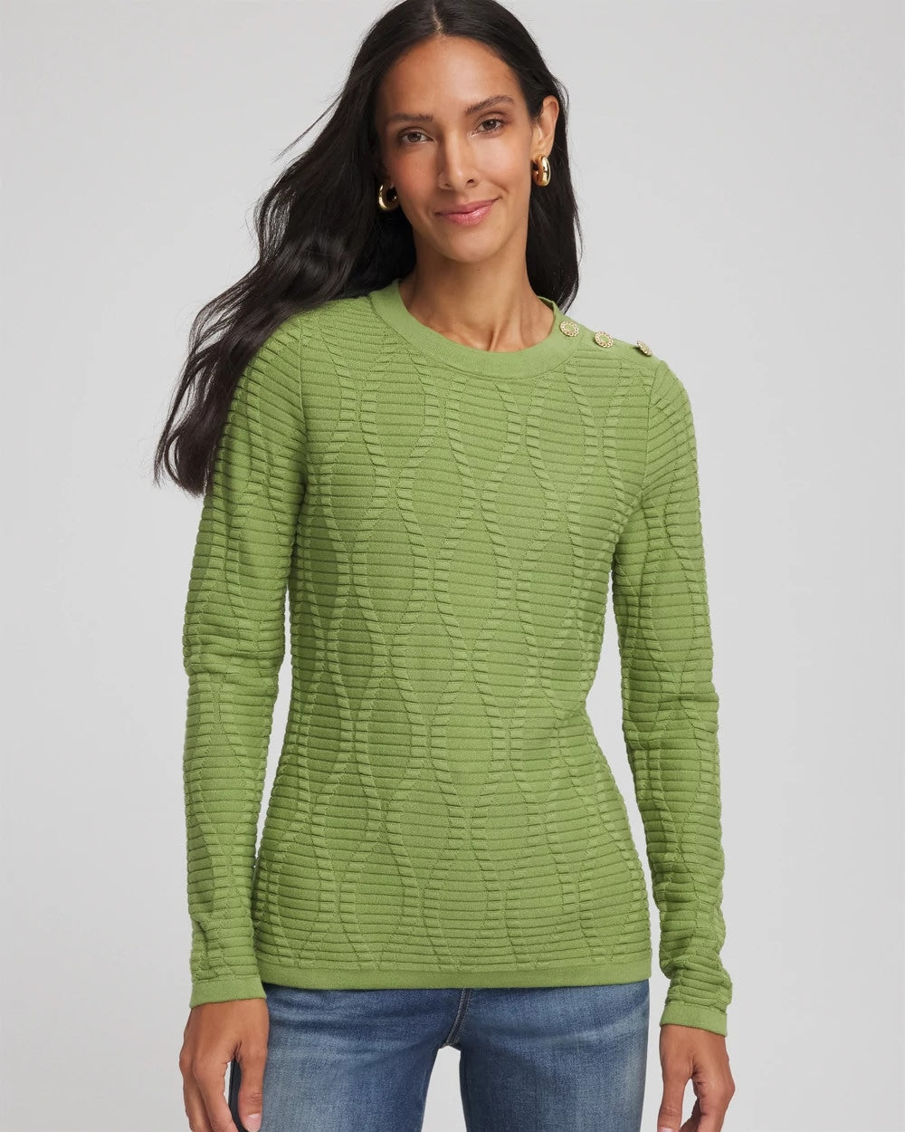 Button Shoulder Crewneck Pullover Green Fig - Chico's