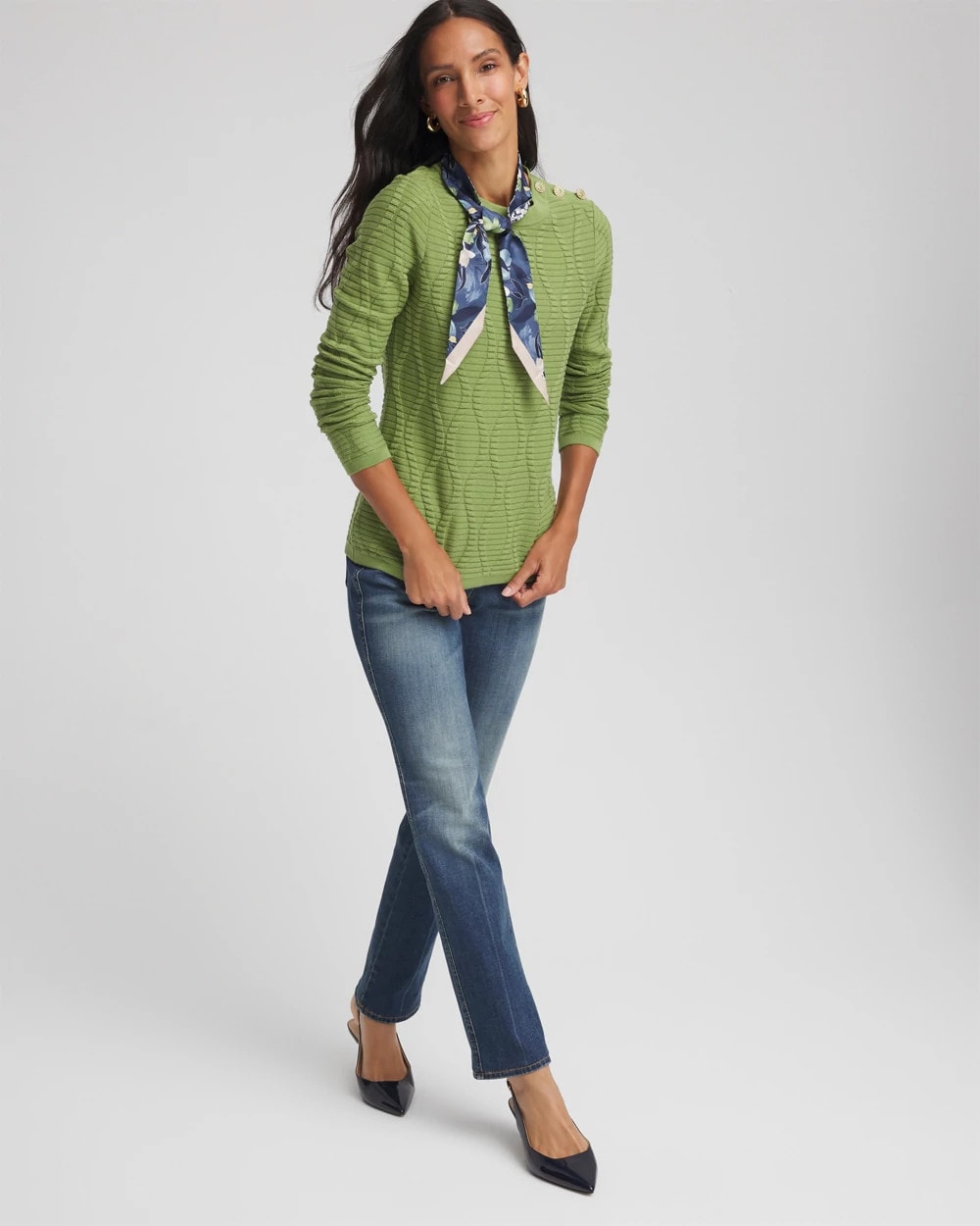 Button Shoulder Crewneck Pullover Green Fig - Chico's