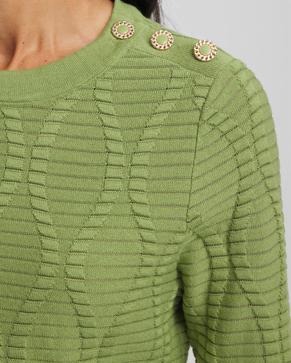 Button Shoulder Crewneck Pullover Green Fig - Chico's