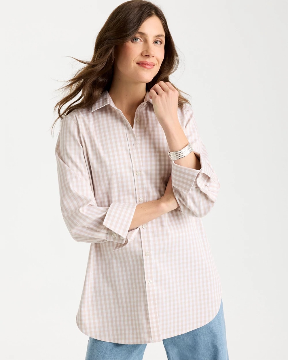 No Iron™ Stretch Neutral Gingham Shirt Smokey Taupe - Chico's