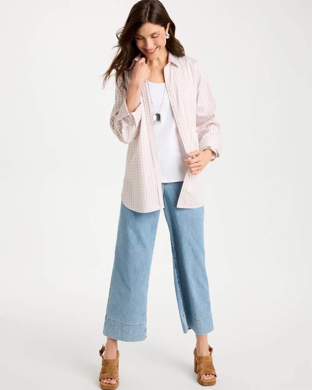No Iron™ Stretch Neutral Gingham Shirt Smokey Taupe - Chico's