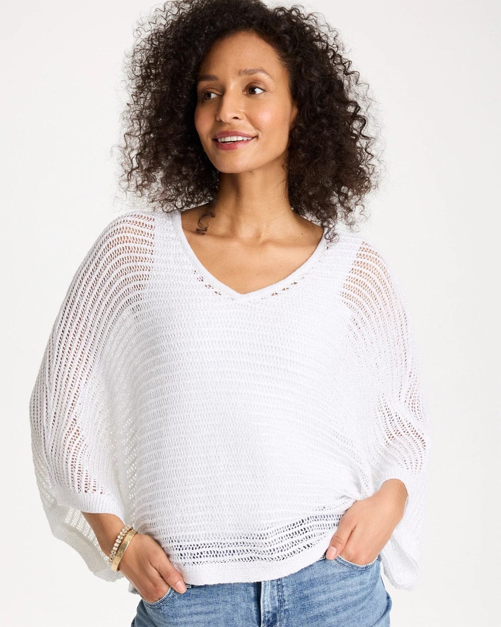 V-Neck Metallic Knit Poncho Alabaster - Chico's