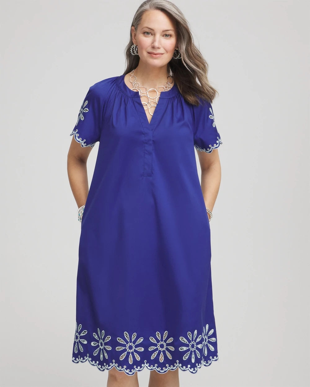 Embroidered Poplin Popover Dress Blue Casa - Chico's
