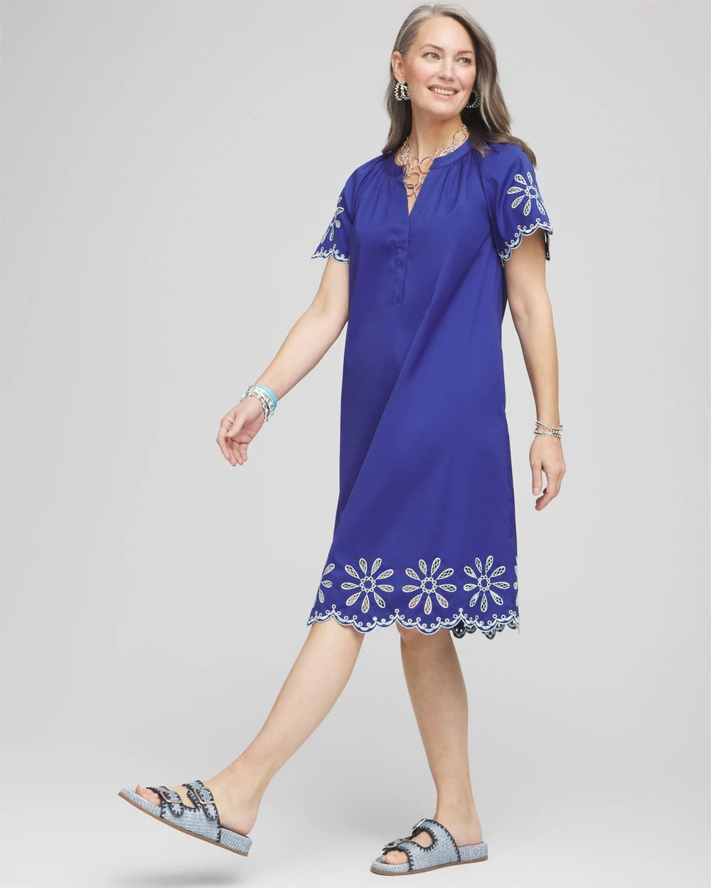 Embroidered Poplin Popover Dress Blue Casa - Chico's
