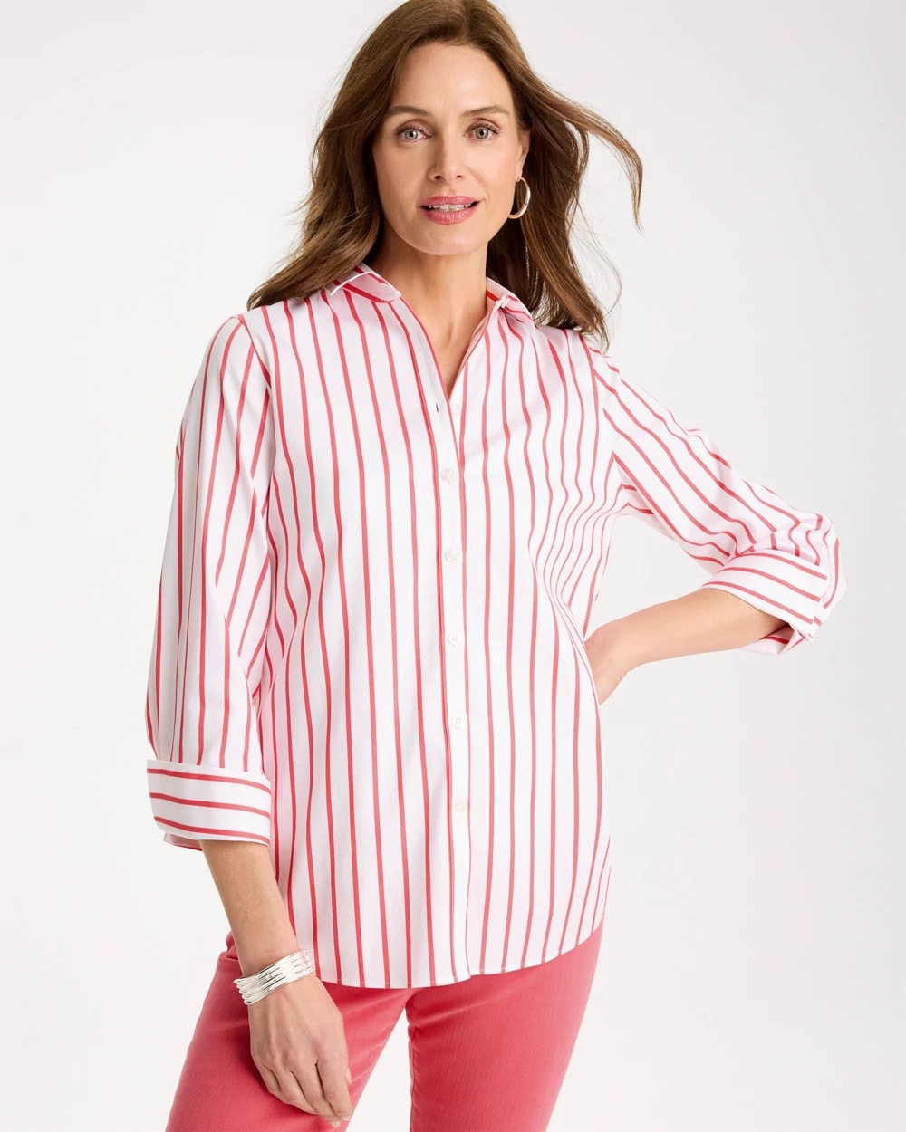 No Iron™ Stretch Striped Shirt Calypso Coral - Chico's