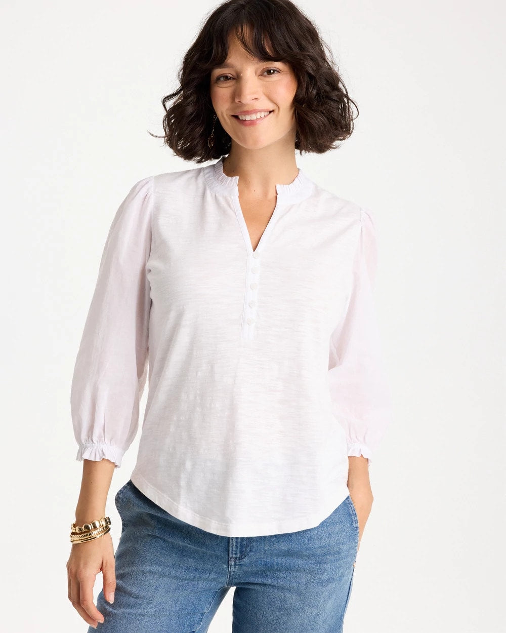 Ruffled V-Neck 3/4 Sleeve Top Alabaster - Chico's