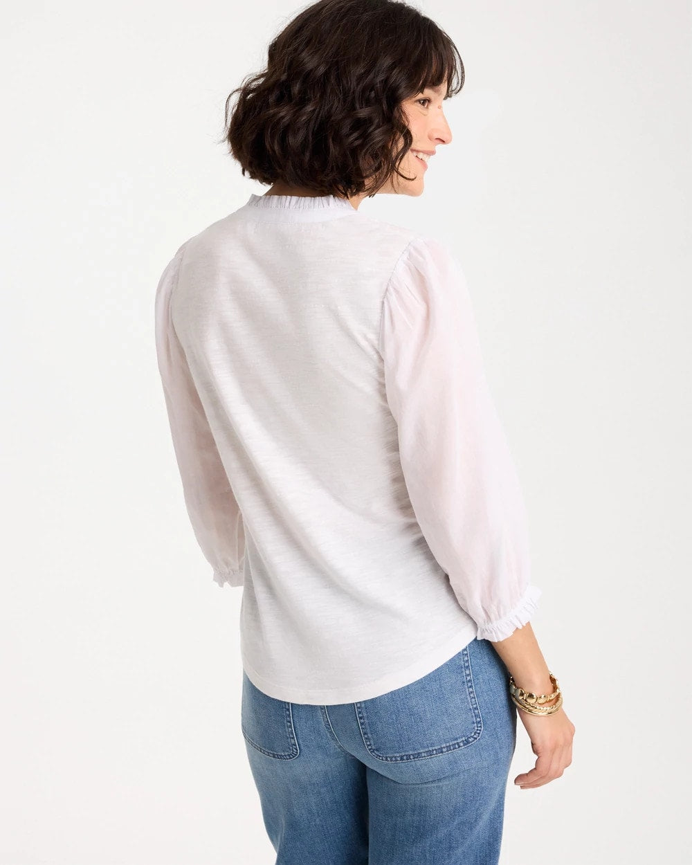 Ruffled V-Neck 3/4 Sleeve Top Alabaster - Chico's