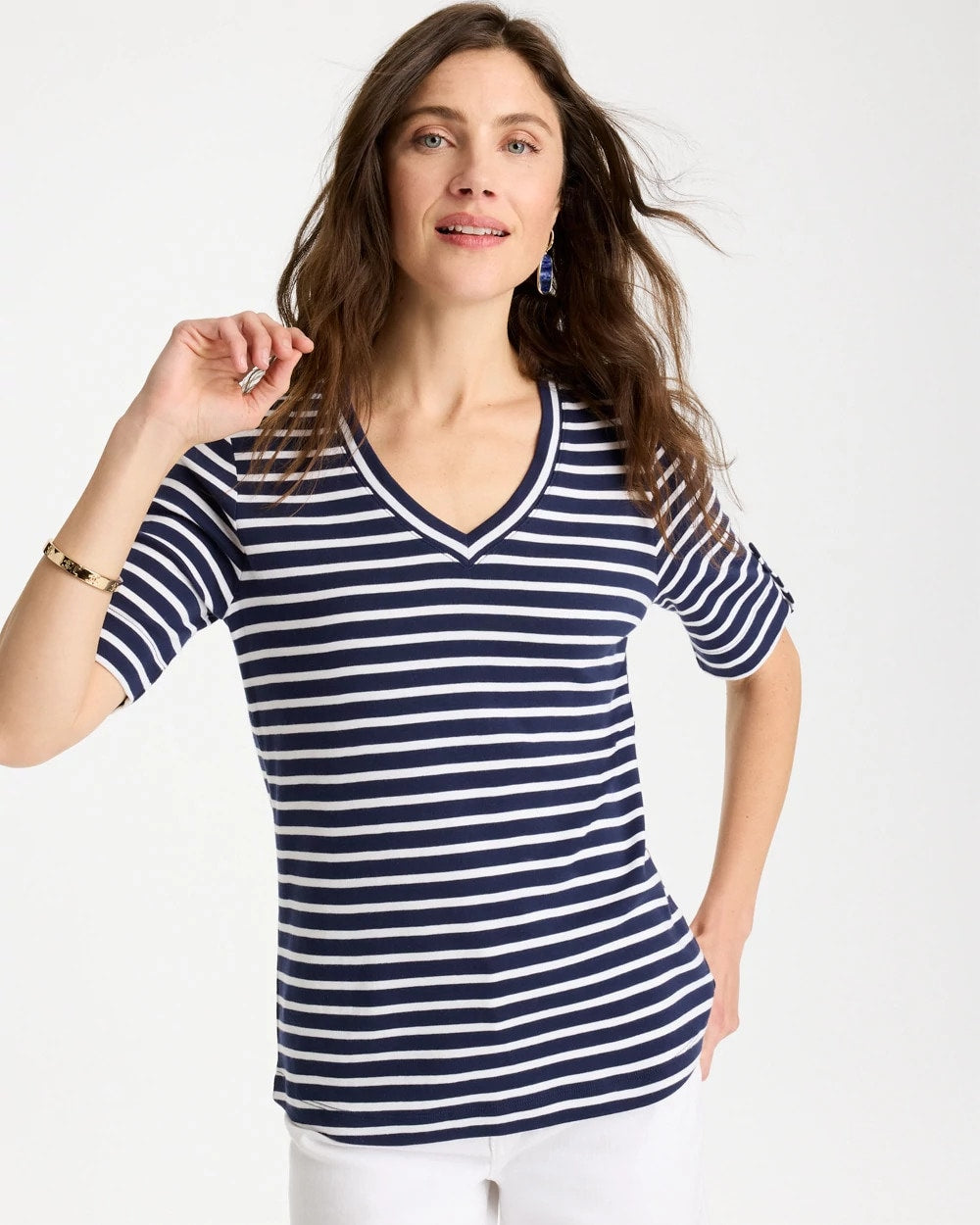 Pima Striped Elbow Sleeve Tee Passport Blue - Chico's