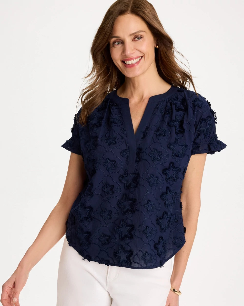 Cotton Embroidered Americana Star Blouse Passport Blue - Chico's
