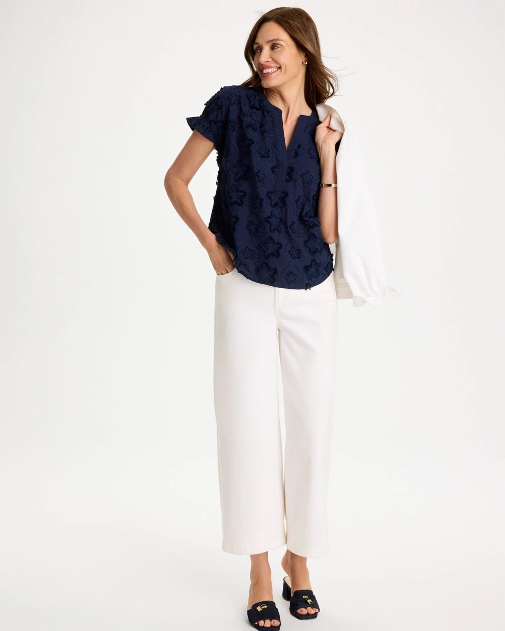 Cotton Embroidered Americana Star Blouse Passport Blue - Chico's