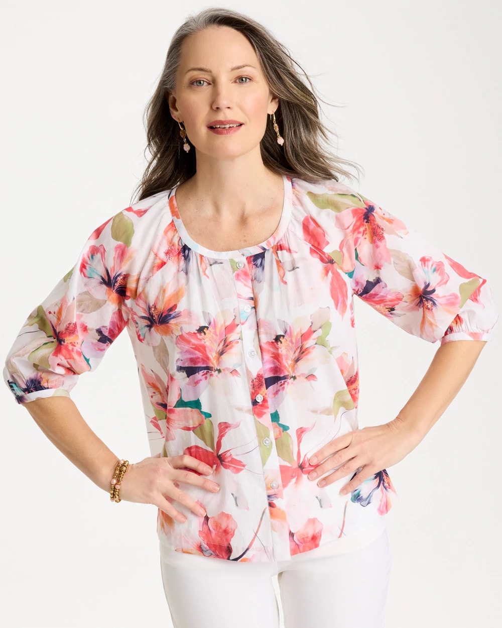 Cotton Voile Croix Collage Blouse Calypso Coral - Chico's