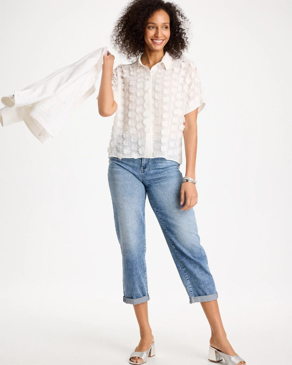 3D Floral Chiffon Camp Shirt Alabaster - Chico's