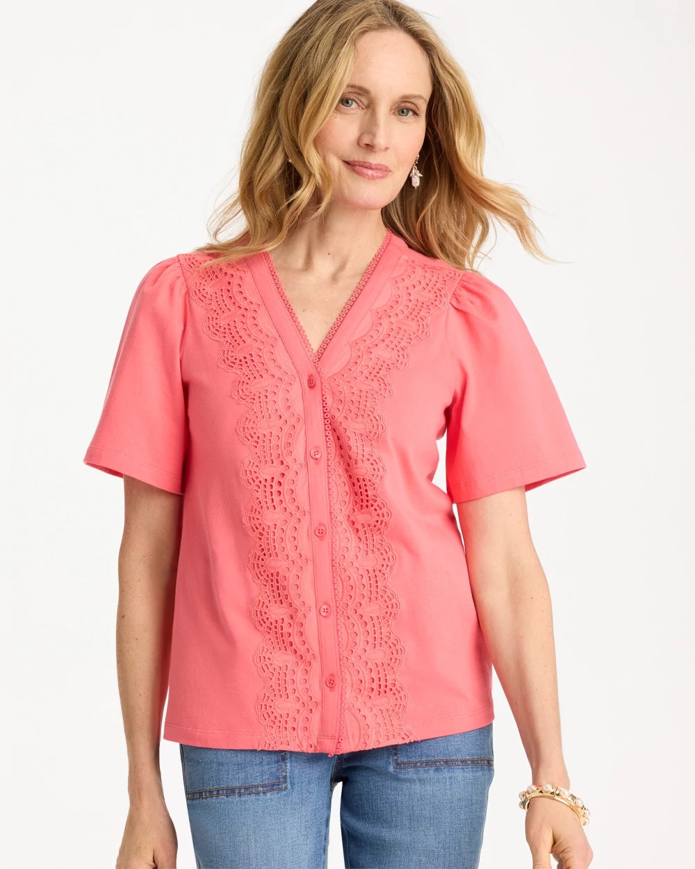 Embroidered Button-Front Tee Calypso Coral - Chico's