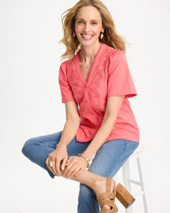 Embroidered Button-Front Tee Calypso Coral - Chico's