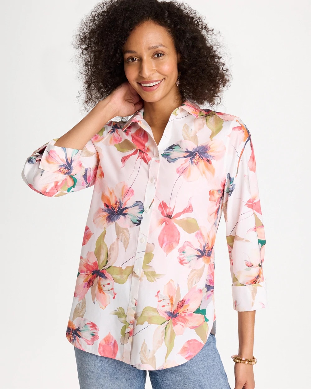 No Iron™ Stretch Croix Collage Shirt Calypso Coral - Chico's