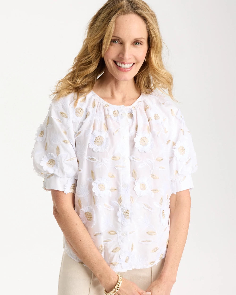 Cotton Metallic Applique Embroidered Top Alabaster - Chico's