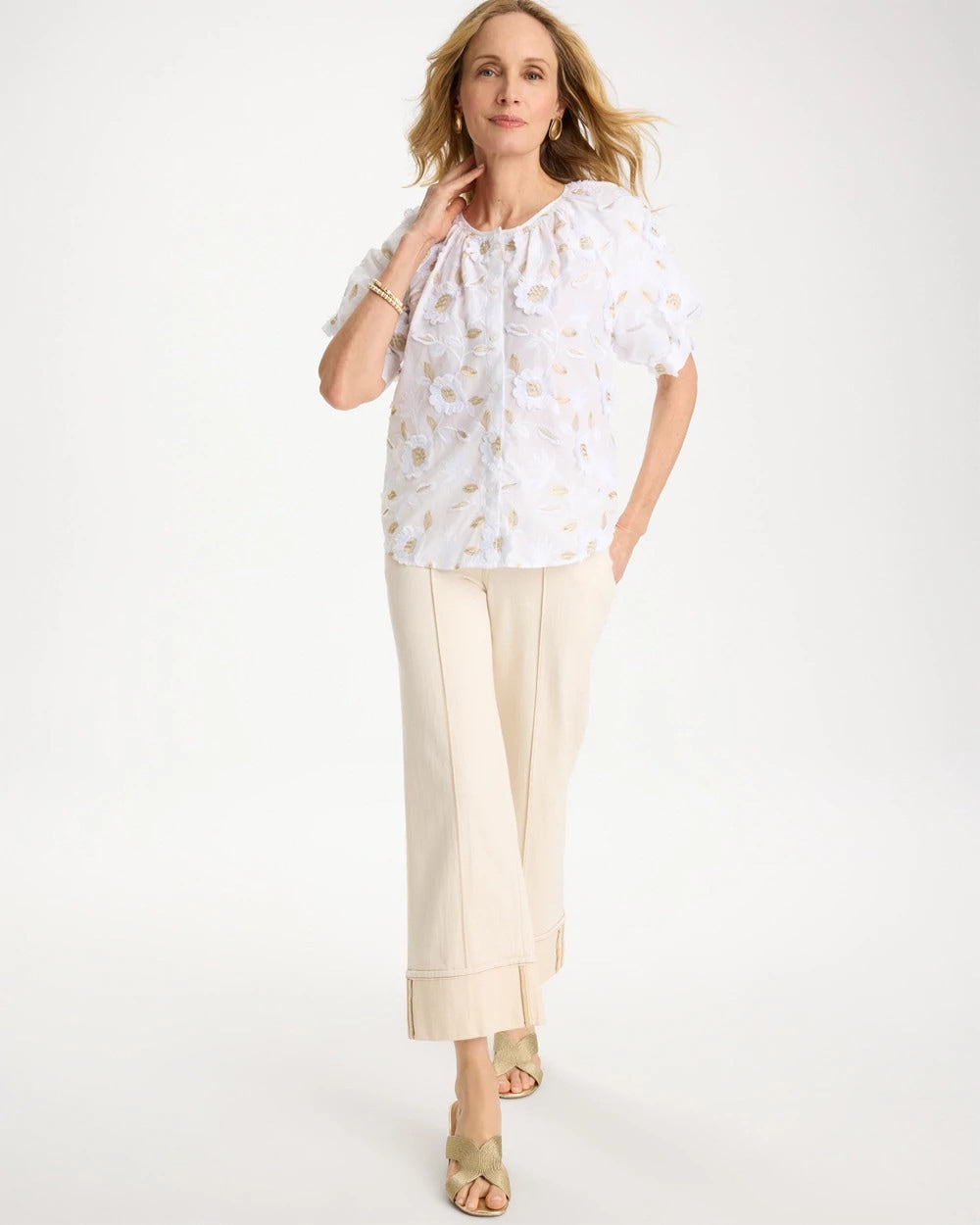 Cotton Metallic Applique Embroidered Top Alabaster - Chico's