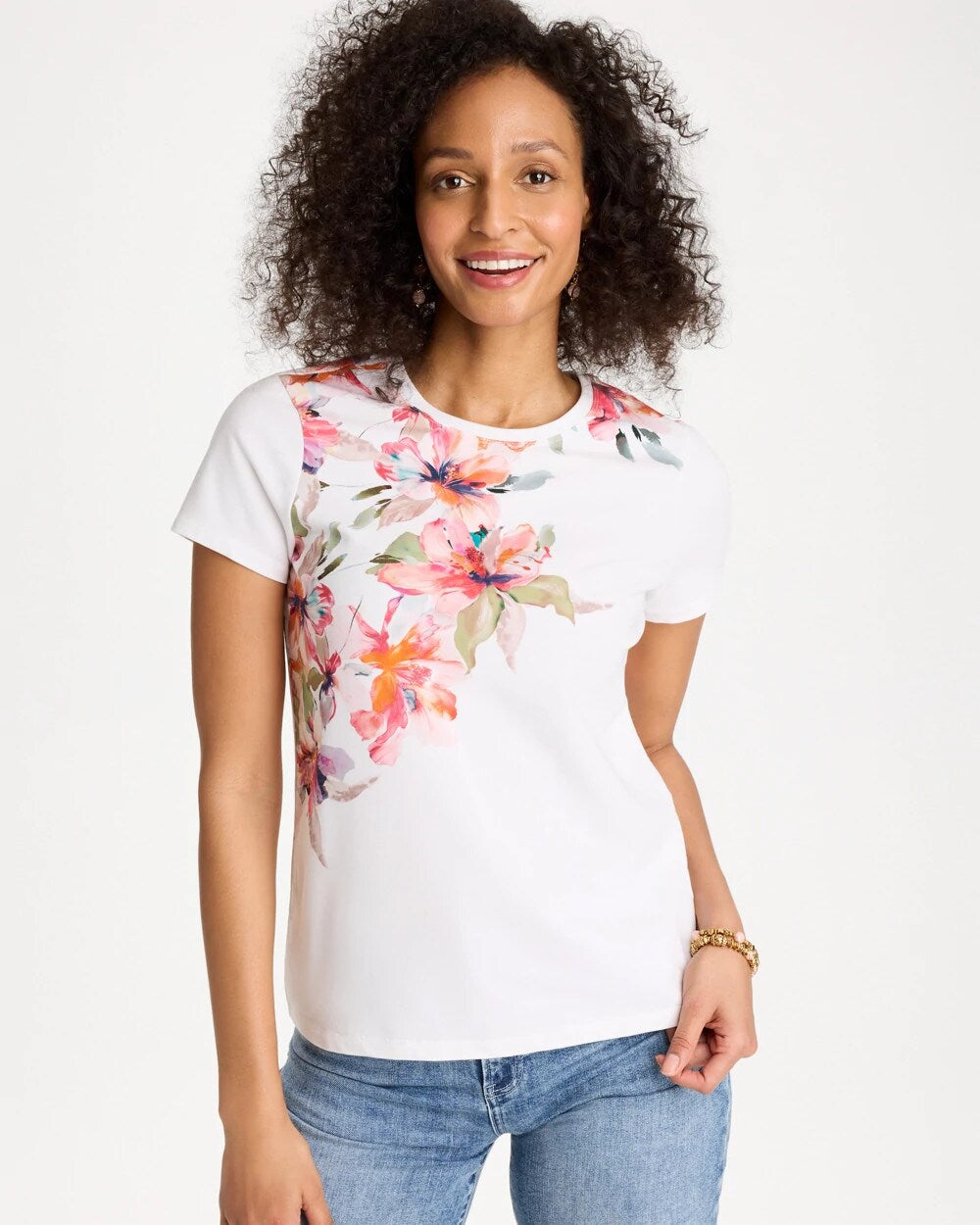 Cotton Stretch Ethereal Floral Cap Sleeve Tee Calypso Coral - Chico's