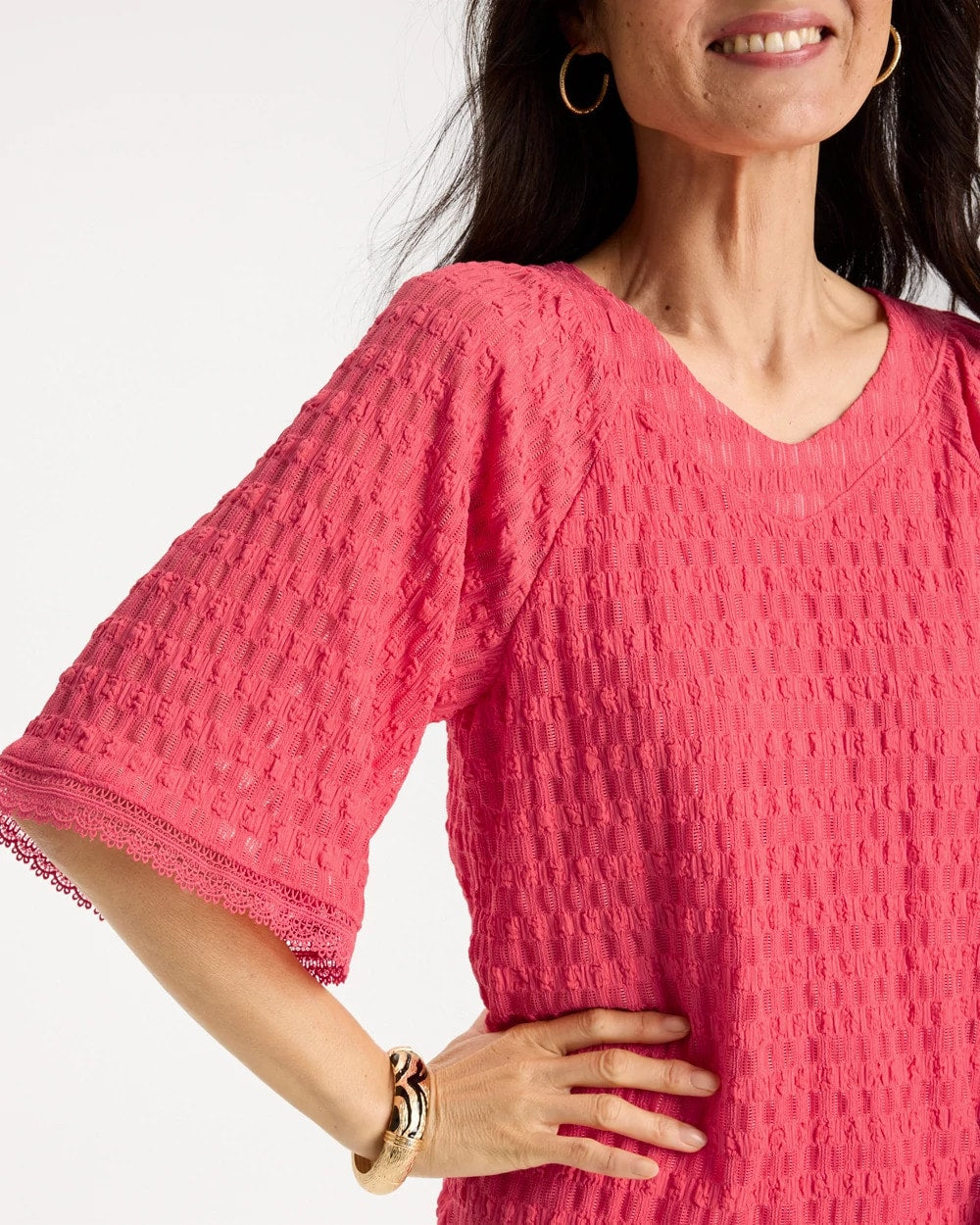 Crinkle Lace Knit Raglan Tee Calypso Coral - Chico's