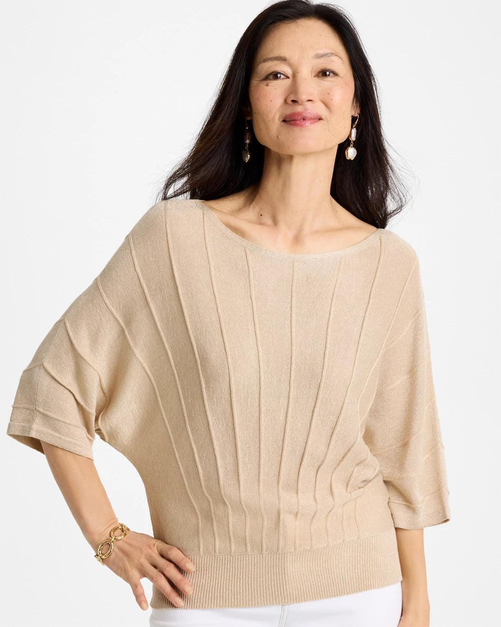 Metallic Pleated Dolman Pullover Sweater Ecru - Chico's