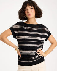 Striped Mesh Stitch Pullover Sweater Black - Chico's