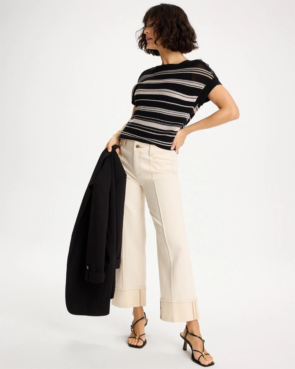 Striped Mesh Stitch Pullover Sweater Black - Chico's