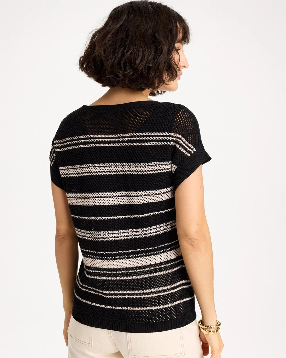 Striped Mesh Stitch Pullover Sweater Black - Chico's