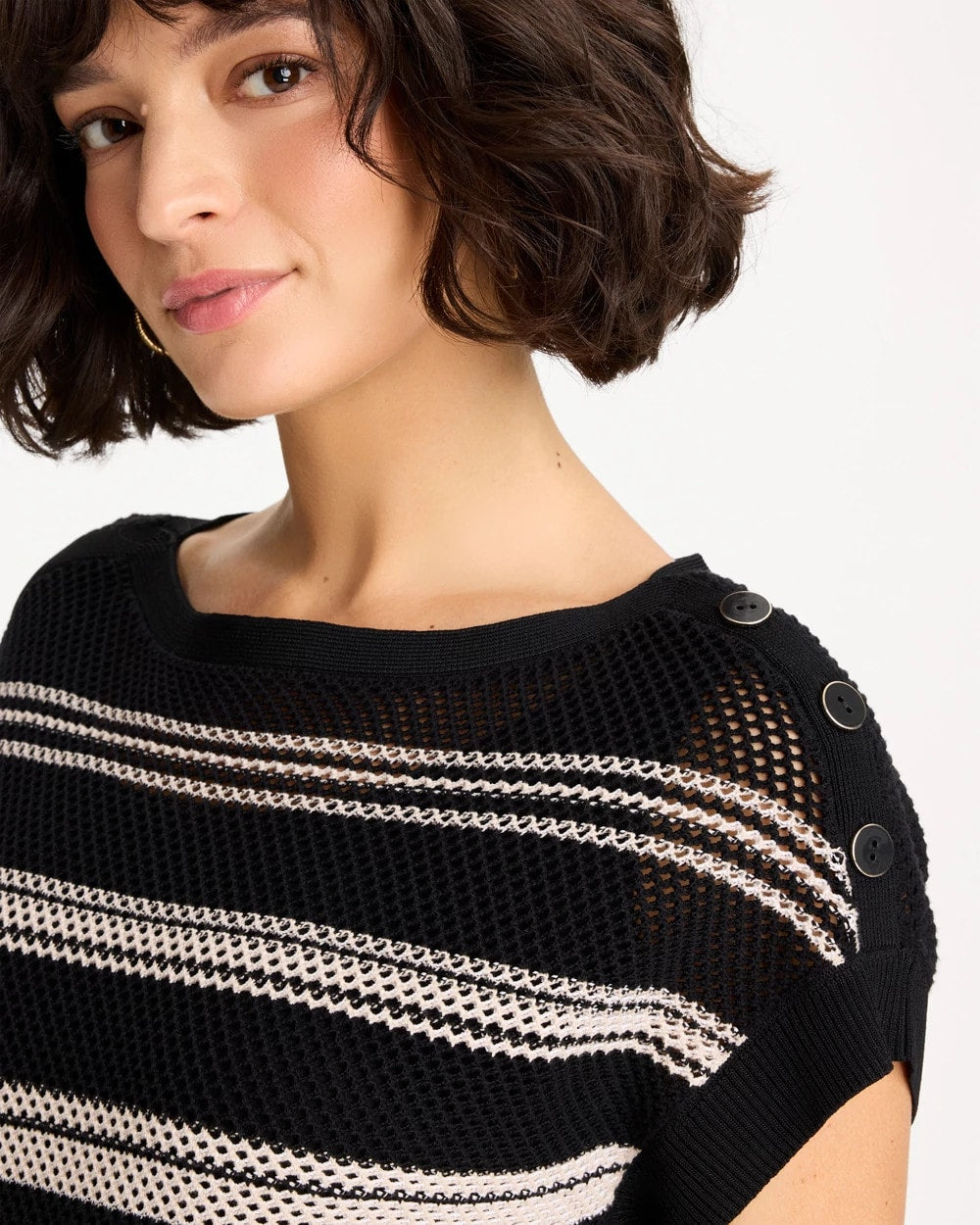 Striped Mesh Stitch Pullover Sweater Black - Chico's