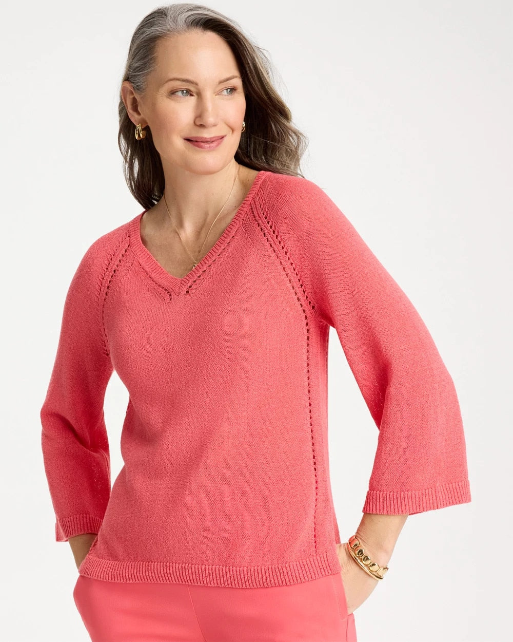 Cotton-Blend Pullover Sweater Calypso Coral - Chico's