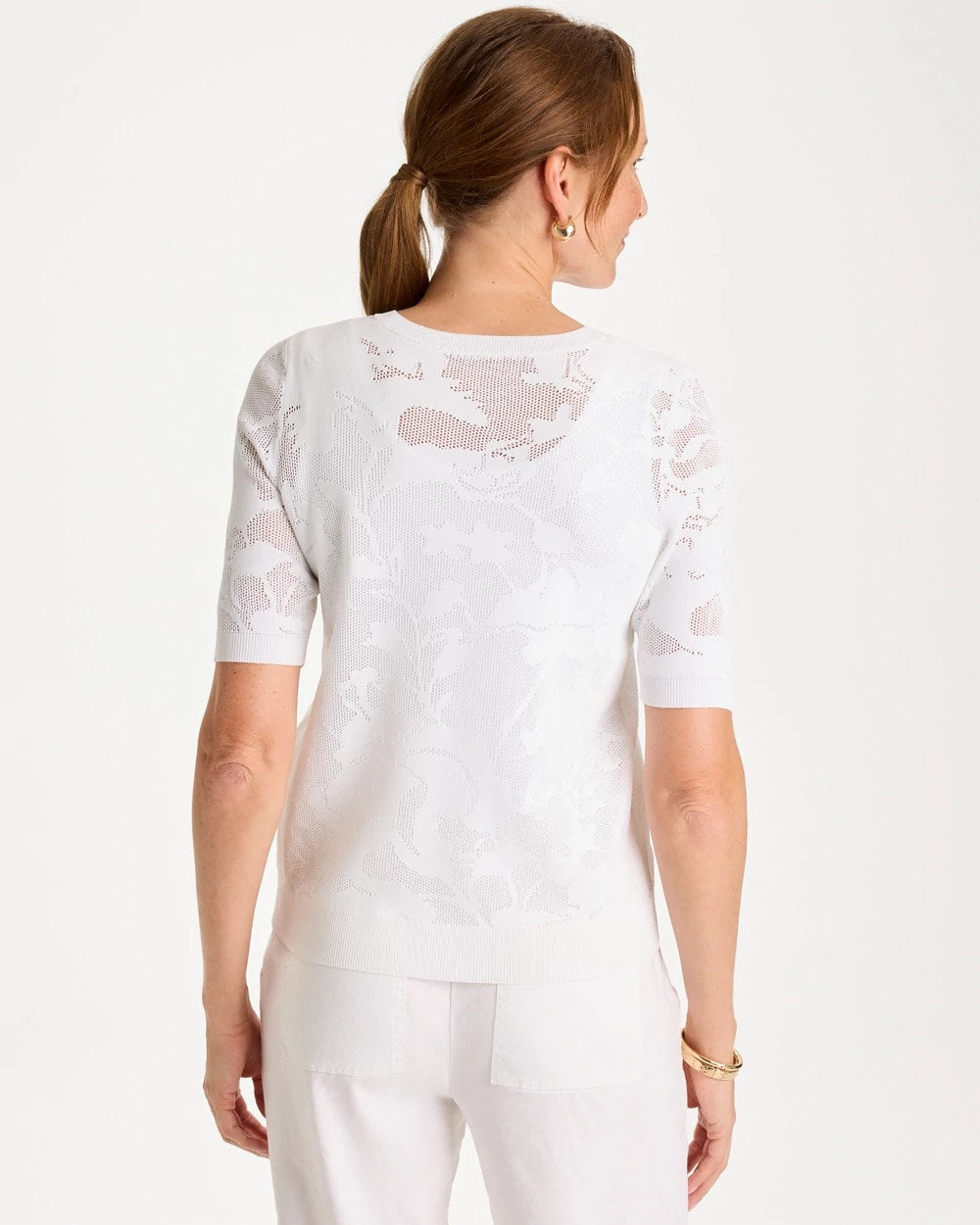 Ella Short-Sleeve Pointelle Sweater Alabaster - Chico's