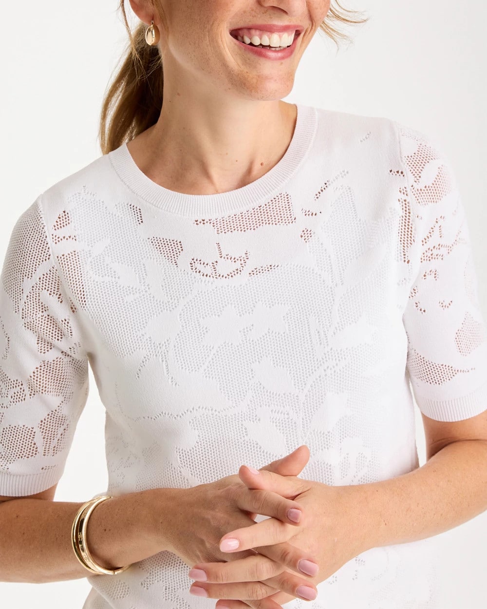 Ella Short-Sleeve Pointelle Sweater Alabaster - Chico's