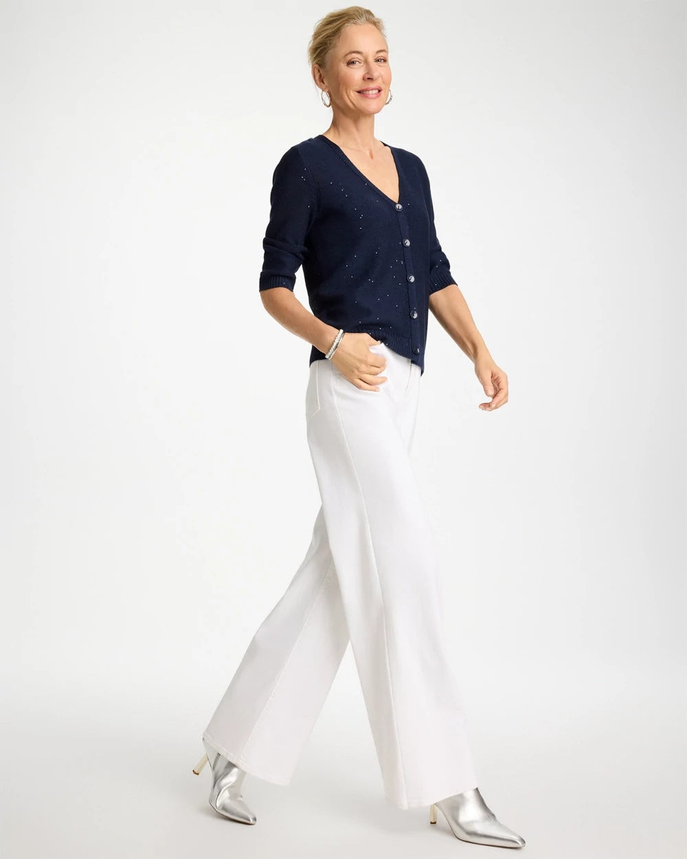 Stitchy Sequin V-Neck Cardigan Passport Blue - Chico's