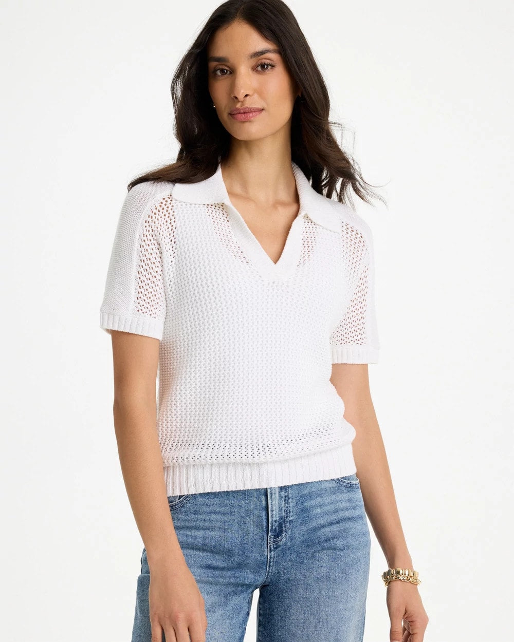 Sequin Pointelle Pullover Polo Sweater Alabaster - Chico's