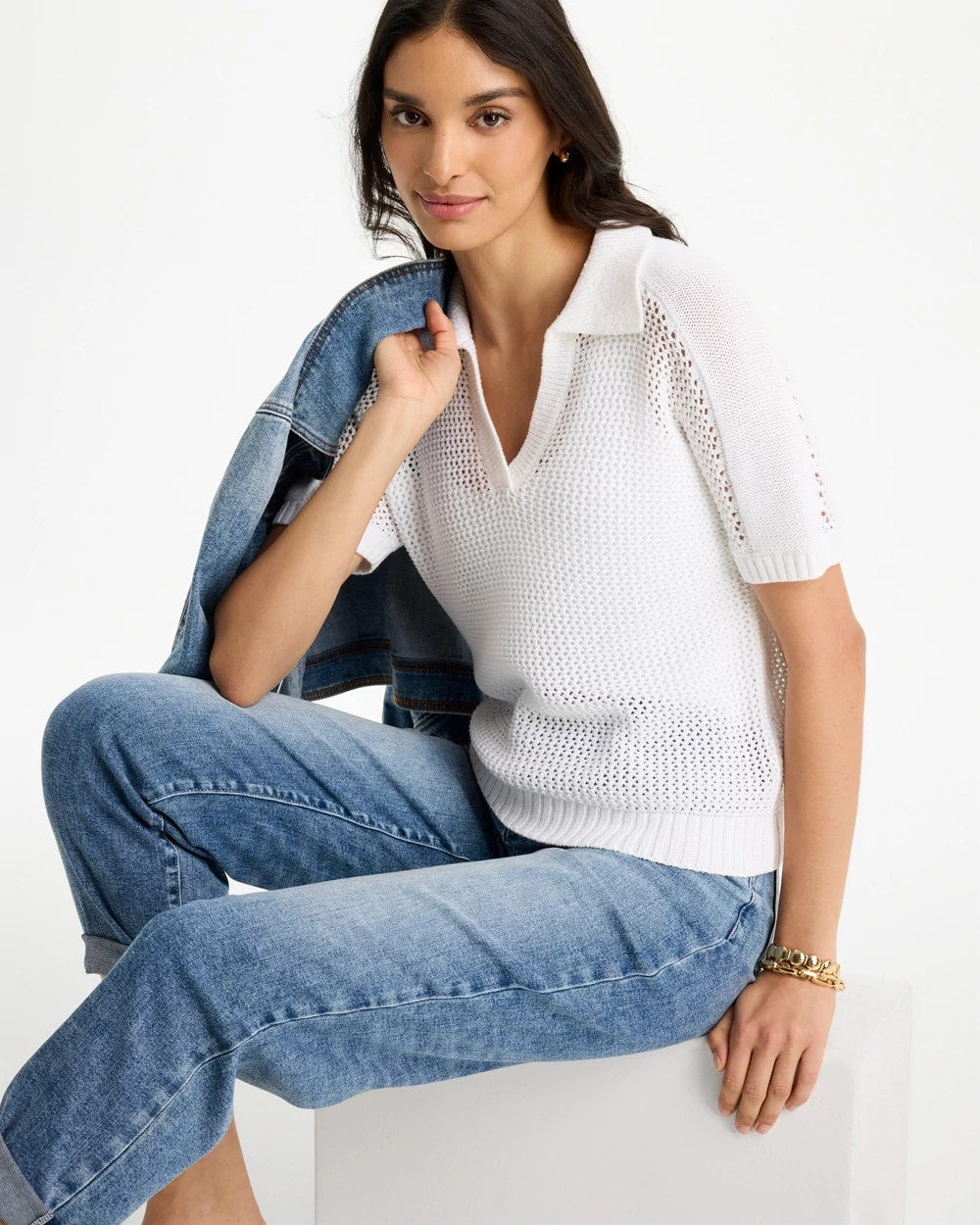 Sequin Pointelle Pullover Polo Sweater Alabaster - Chico's