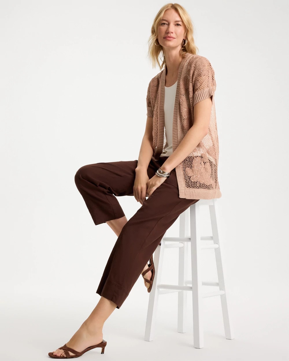 Cotton-Blend Crochet Cocoon Cardigan Mocha Mousse - Chico's