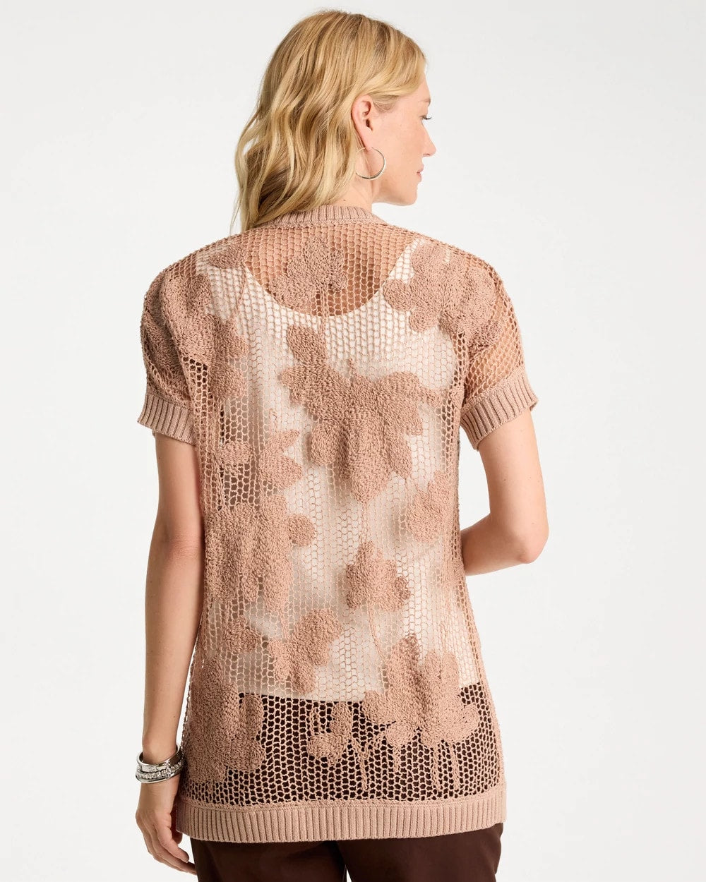 Cotton-Blend Crochet Cocoon Cardigan Mocha Mousse - Chico's