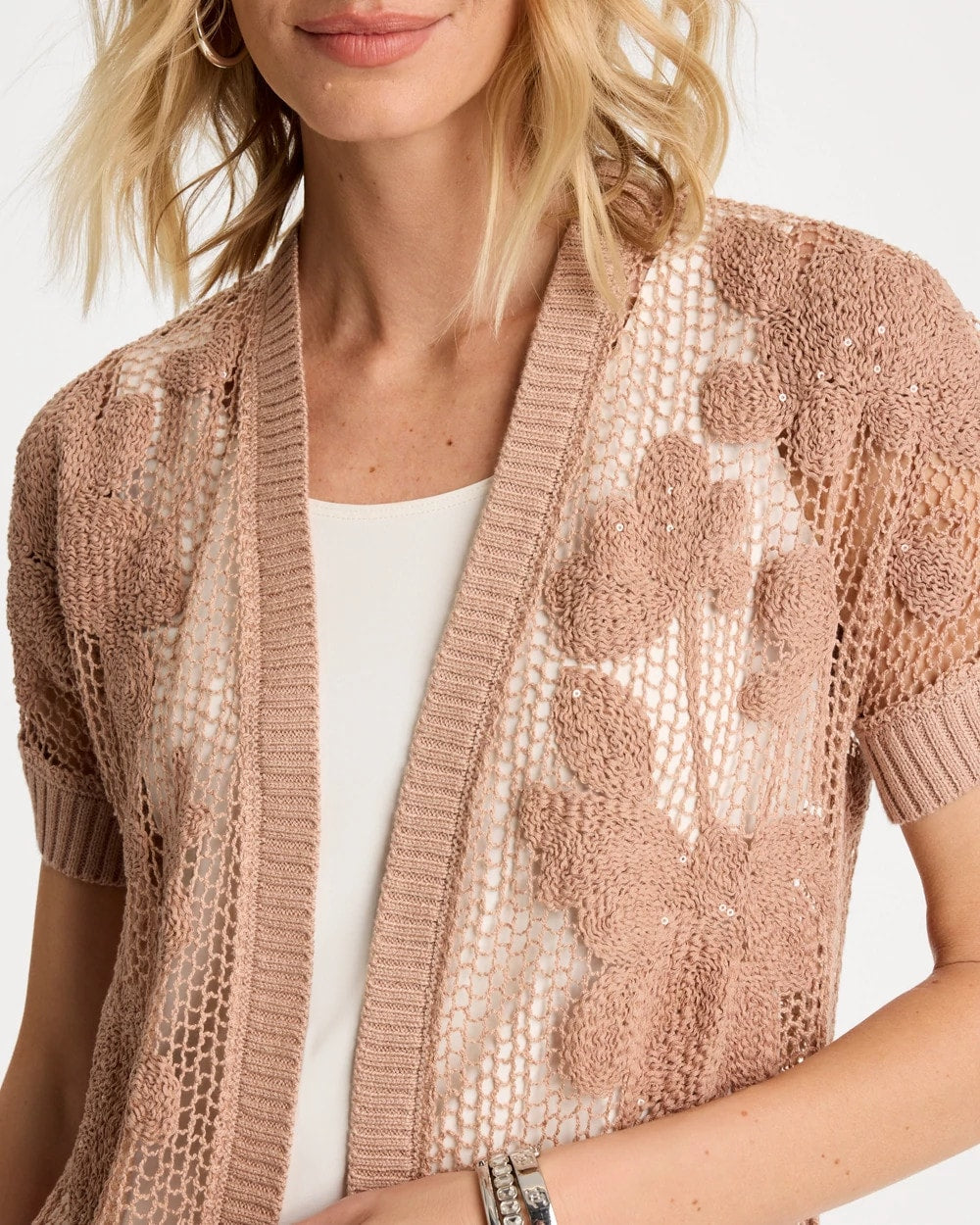 Cotton-Blend Crochet Cocoon Cardigan Mocha Mousse - Chico's