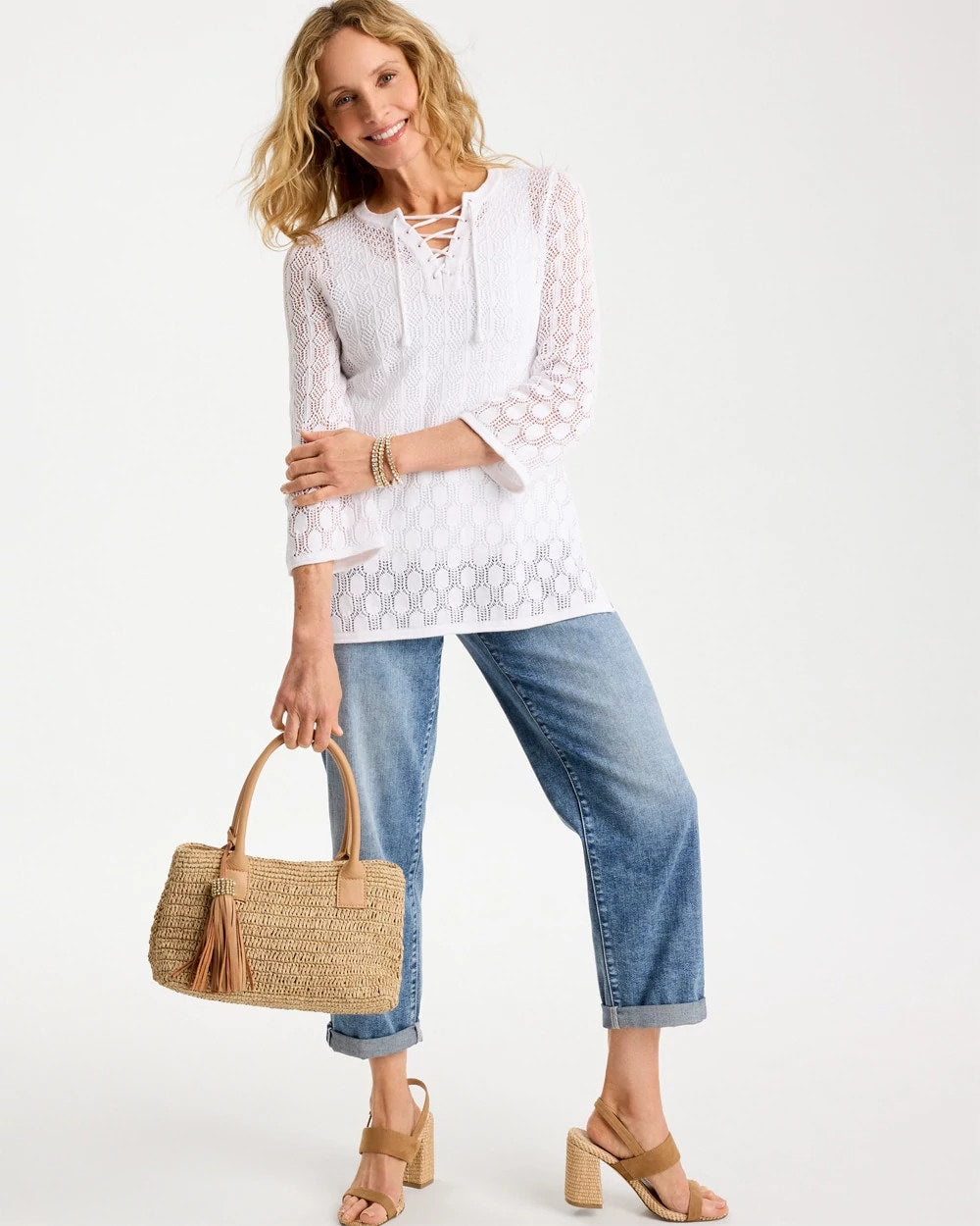 Cotton-Linen Lace Notch-Neck Sweater Alabaster - Chico's