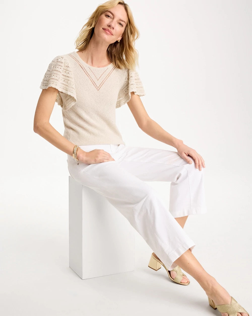 Pointelle Metallic Flutter-Sleeve Pullover Cream - Chico's